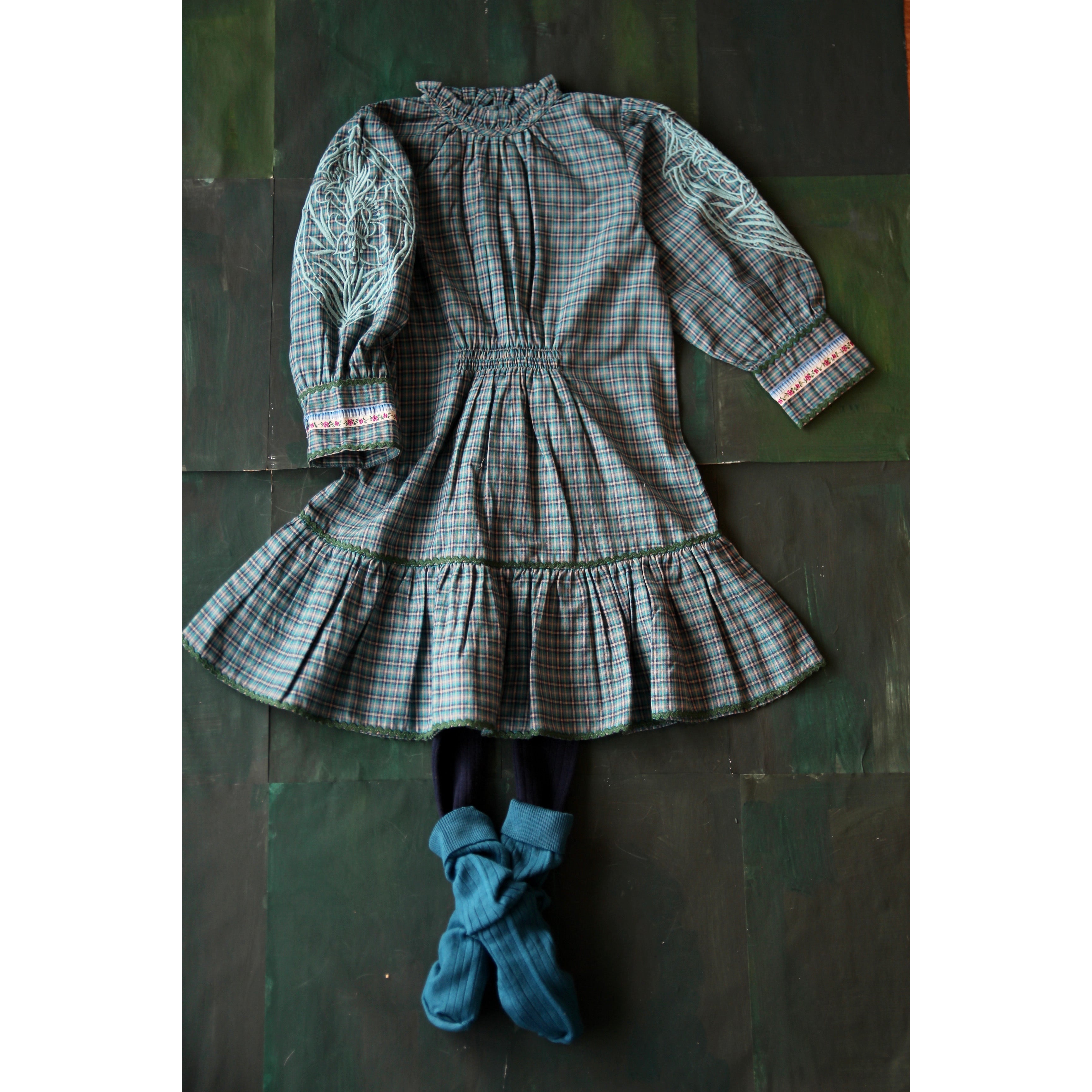 Bonjour Diary Embroidered Sleeves Folk Dress Small Blue Check