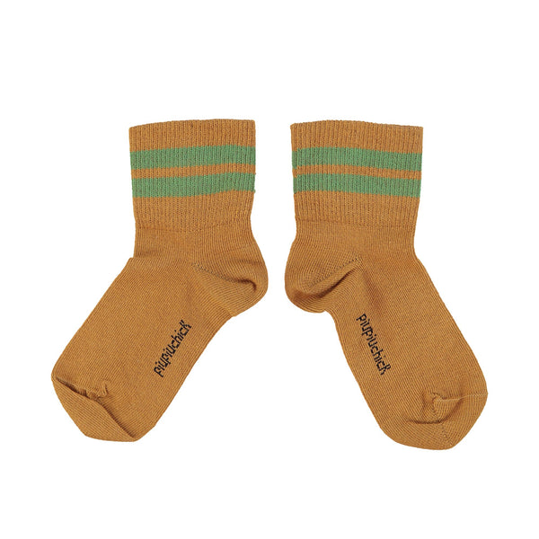 Piupiuchick Short Socks Camel with Green Stripes - Lintott Shop