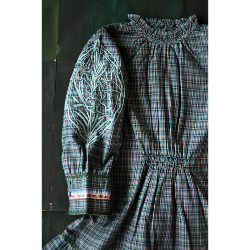 Bonjour Diary Embroidered Sleeves  Folk Dress Small Blue Check - Lintott Shop
