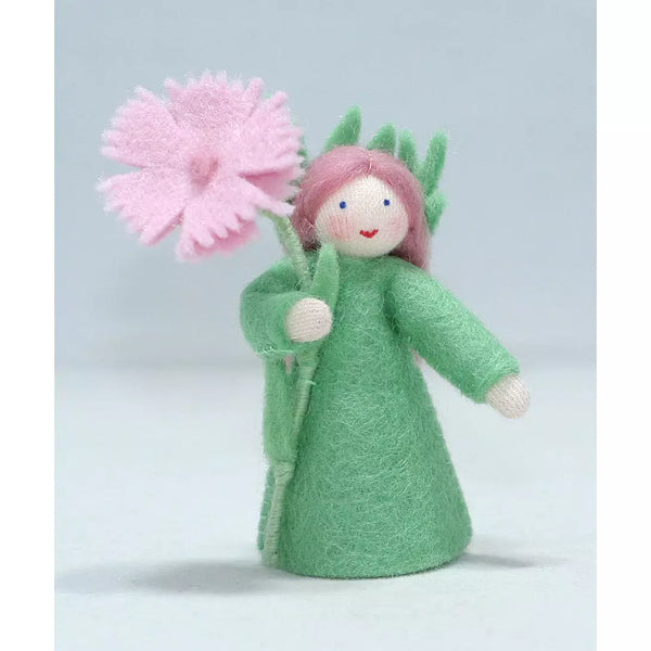 Carnation Fairy (miniature standing felt doll, holding flower) Fair - Lintott Shop