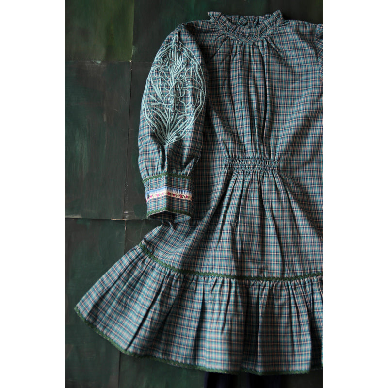 Bonjour Diary Embroidered Sleeves  Folk Dress Small Blue Check - Lintott Shop
